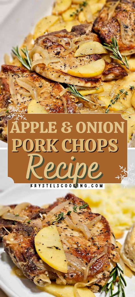 Elevate your next dinner party with my mouthwatering Pork Chops with Apples and Caramelized Onions recipe! This easy, flavorful dish is an instant conversation-starter that will have your guests craving more. Craving endless inspiration? Save this Pin to your collection and savor the flavor of creativity whenever you need it! Click that save button now! Apple Onion Pork Chops, Pork Chops With Apples And Onions, Pork Chops And Apples Recipes, Pork Chop And Apples, Pork Chops Apples And Onions, Pork Chops And Cabbage, Pork Chops Apples, Smothered Pork Chops Crock Pot, Oven Roasted Pork Chops