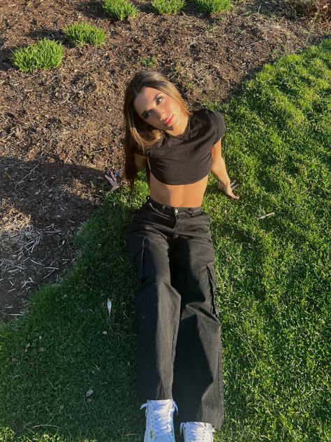 Picture poses | Spring | Outside | Cargo pants | Grass | Nature Cargo Pant Poses, Grass Poses Picture Ideas, Grass Picture Ideas Instagram, Sitting On Grass Poses, Cargo Pants Photoshoot, Sitting In Grass Poses, Poses For Outside, Outside Poses, Pose Outside