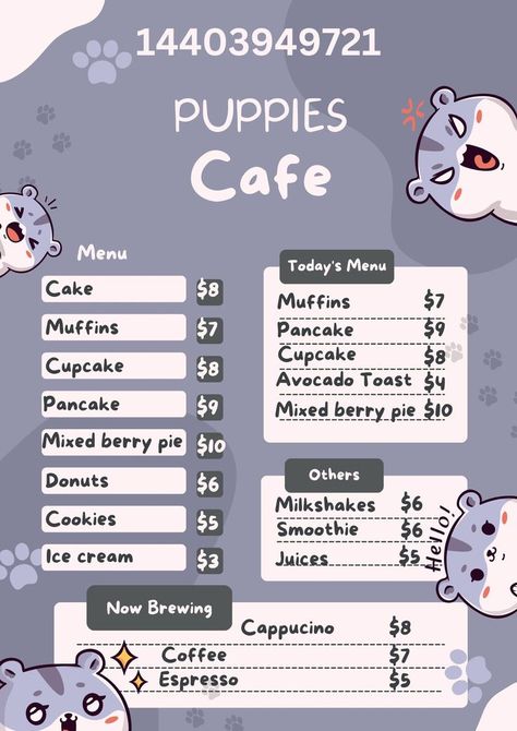 Cat Cafe Bloxburg, Cat Cafe Minecraft, Bloxburg Bakery, Cafe Decal, School Lunch Menu, Roblox Images, Decals Bloxburg, Menu Sans Gluten, Mixed Berry Pie