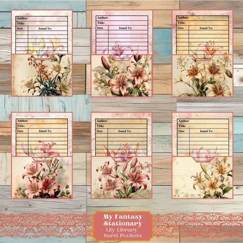 Lily Library Pockets & Cards, Loaded Pocket Tags, Floral Ephemera, Junk Journal Pockets, Floral Embellishments, Pocket Printable Inserts by MyFantasyStationary on Etsy Cards With Pockets, Junk Journal Pockets, Pocket Tags, Journal Pockets, Library Pockets, Library Cards, Vintage Library, Printable Vintage, Library Card