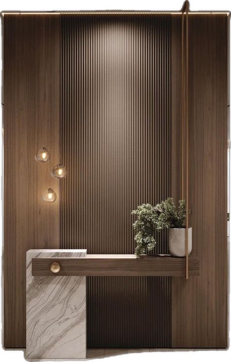 Modern Hallway Entrance, Foyer Wall Paneling Design, Hotel Lobby Interior Design Entrance, Art On Paneled Walls, Luxury Puja Room Design, Foyer Wall Sconces Entryway, Lobby Console Design, Entryway Wallpaper Accent Wall, Entry Lobby Design Entrance