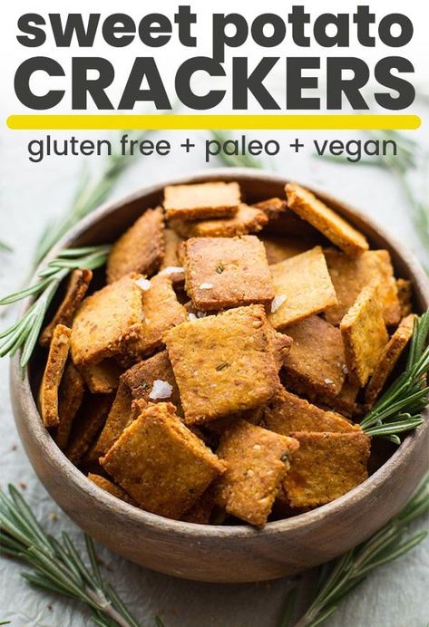 Complete your next snack board with these  Sweet Potato Paleo Crackers - only 7 ingredients needed & easy to make! | #GrainFree + #Vegan #Paleo #GlutenFree #GlutenFreeCrackers #GlutenFreeSnacks Sweet Potato Crackers Recipe, Sweet Potato Paleo, Potato Crackers, Gluten Free Cracker Recipe, Paleo Crackers, Sweet Potato Crackers, Grain Free Vegan, Gluten Free Sweet Potato, Gluten Free Crackers