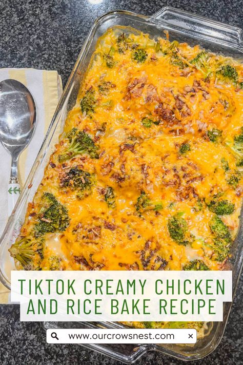 This TikTok Chicken and Rice recipe is so delicious and easy that you’ll want to make this for your family every week!  Juicy chicken breasts, and flavorful rice, topped with an onion seasoning and shredded cheese is the perfect and easiest dinner for weeknights.  Everything is mixed in one baking dish and baked in the oven. Baked Cheesy Chicken And Rice, Rice And Shredded Chicken Recipes, Rice O Roni Recipes Chicken, Chicken Breast And Rice Recipes Oven, Dump And Bake Chicken And Rice, Chicken And Rice Recipes Oven, Dump And Bake Cheesy Chicken And Rice, Chicken And Rice In The Oven, Oven Baked Chicken And Rice Recipes