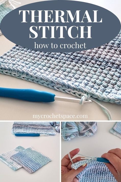 Would you like to know how to crochet the thermal stitch? In this post you can learn everything about the thermal single crochet stitch. You can also watch a video demonstration of this stitch which is very helpful! Using the thermal stich you can make double thick potholders, coasters, even blankets if you like! Single Crochet Thermal Stitch Potholder, How To Double Up Yarn Crochet, Thermal Blanket Crochet, Double Crochet Thermal Stitch, Crochet Thermal Stitch Patterns, Thermal Stitch Crochet Scarf, Thermal Stitch Crochet Video, Thermal Stitch Crochet Pot Holders Free Pattern, How To Crochet Thermal Stitch