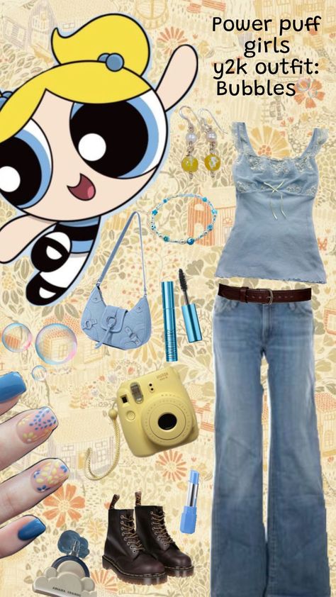 Powerpuff girls y2k outfit: Bubbles🫧 Power Puff Costume, Powerpuff Girls Halloween Costume, Bubble Costume, Y2k Costume, Bubbles Powerpuff, Power Puff Girls Bubbles, Powerpuff Girls Costume, Bubble Clothes, Girls Y2k