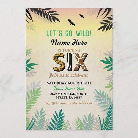 Six Jungle 6th Birthday Party Safari ZOO Wild - Popular Zazzle Product! Best choice, tags : #invitations, #tshirt, #card, #InvitationsCard, #legging, #trending, #holiday Birthday Party Safari, 6th Birthday Boys, 6th Birthday Party, Birthday Themes For Boys, Safari Birthday Party, Jungle Birthday, Jungle Party, Zoo Animal, Safari Birthday