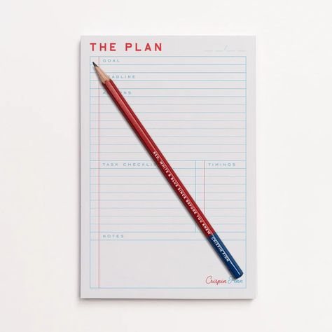 Crispin Finn The Plan pad for planning and achieving goals. Comes complete with Red & blue pencil and presented in a printed brown kraft packaging. Desktop Planner, Hb Pencil, Kraft Packaging, Note Pad Design, Blue Desk, Card Packaging, Desk Planners, Yearly Goals, Litho Print