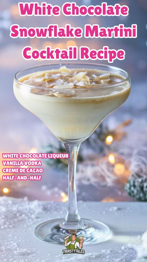 "Indulge in the festive delight of our White Chocolate Snowflake Martini Cocktail Recipe! This creamy, decadent drink combines the rich flavors of white chocolate liqueur, perfect for apres ski gatherings or holiday celebrations. Discover how to create this elegant cocktail that’s sure to impress. Explore variations like the Mint Chocolate Chip Martini and White Chocolate Espresso Martini for a delightful twist. White Chocolate Snowflake Martini, Kahlua Martini Recipes, Dessert Martinis, Snowflake Martini Recipe, White Chocolate Espresso, Snowflake Martini, Chocolate Espresso Martini, White Chocolate Snowflakes, White Chocolate Liqueur