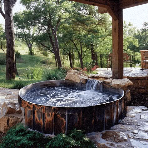 Stock Tank Pool Ideas: Transform Your Backyard with Simple Elegance Outdoor Soaking Tub Diy Stock Tank, Stock Tank Pool Fire Pit, Steel Tank Pool, Barndominium Garden Ideas, Stock Tank Pool Ideas With Waterfall, Metal Stock Tank Pool Diy, Horse Tank Pool, Cow Trough Pool Backyards, Plastic Stock Tank