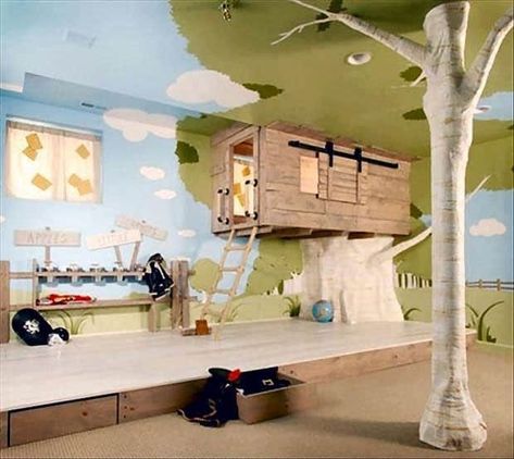 12 DIY INDOOR TREEHOUSE IDEAS - KIDS BEDS & PLAY AREAS Diy Kids Playroom, Indoor Treehouse, Kids Playroom Ideas For Boys, Indoor Tree House, Playroom Ideas For Boys, Room Decorations Ideas, Cool Beds For Kids, Partially Finished Basement, Indoor Playroom