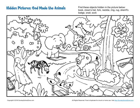 God Made the Animals Hidden Pictures God Made Animals Craft Preschool, God Made Animals Craft, God Made The Animals Craft Preschool, Animals In The Bible, Childrens Bible Activities, Animal Crafts Preschool, Hidden Picture Puzzles, Animal Lessons, Sunday School Kids