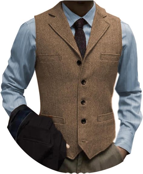 Features: Button closure, notch lapel neck, single breasted 5 buttons, 4 real side insert pockets, adjustable back strap.Size: Please read the our size chart information of the product in order to choose your own size,not Amazon size chart.Fabrics: Herringbone tweed pattern, its comfortable, simple, and classic.Wool blend vest for casual comfort.Collocation: Mens Retro and Casual Suit Vest matching a shirt alone is a simple and fashionable look, and it can also be matched with a suit and coat to create a style that integrates business and leisure.Attention: Dry clean or hand wash suggested, and low iron if necessary. Product Description Customer Picture Show Men Vest Details Single Breasted 5 Buttons Blend Tweed Fabric Adjustable Strap Back 4 Real Pockets Vest Size Chart Casual Suit Vest, Mens Wool Vest, Waistcoat Suit, Mens Tweed Suit, Blue Blazers, Gentleman Fashion, Mens Vest Fashion, Suit Vintage, Tweed Suit