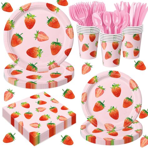 PRICES MAY VARY. Strawberry Birthday Decorations: You will receive 24 dinner paper plates (9 inches), 24 dessert paper plates (7 inches), 24 napkins, 24 paper cups, knives, 24 forks, and 24 spoons. Our strawberry birthday decorations set includes everything you need to host an unforgettable party. Baby in Bloom Design: The background of the strawberry plates is a soft pink color, creating a cheerful and bright canvas. Scattered across the plate are numerous red strawberries with green stems and Strawberry Birthday Party Activities, Berry First Birthday Pinata, Strawberry Birthday Party Decorations, Berry Party, Strawberry Themed 1st Birthday, Strawberry Themed Birthday Party, Girly Baby Shower Themes, Cowgirl Party Decorations, Party Decoration Items