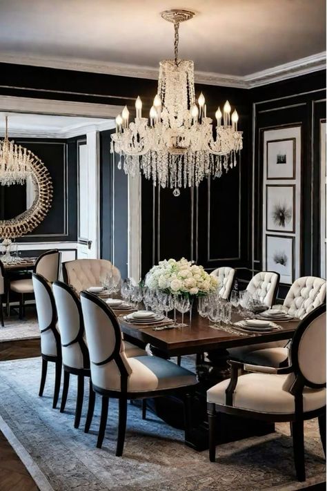 Formal Dining Rooms Elegant, Dining Rooms With Black Furniture, Luxury Dining Room Chairs, Modern Dining Room Ideas Luxury, Black And Gold Dining Room, Havenly Dining Room, Classy Dining Room, Timeless Dining Room, Luxury Dining Room Decor