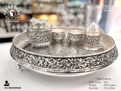 Handcrafted Antique Make 925 Silver Pooja set :) Silver Puja Items, Rudraksha Jewelry, Pooja Room Ideas, Silver Home Accessories, Aarti Thali, Puja Items, Silver Plates, Silver Articles, Dry Fruit Box