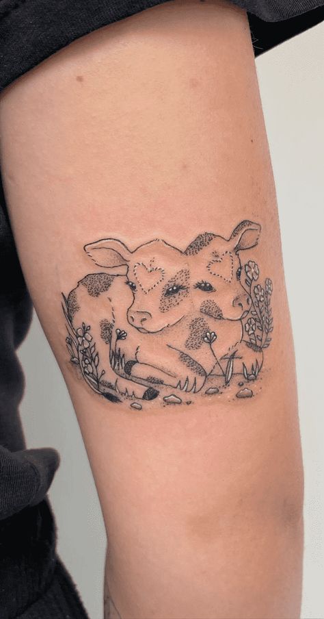 Double Headed Cow Tattoo, Two Headed Cow Tattoo, 2 Headed Calf Tattoo, Two Headed Calf Drawing, Cottagecore Tattoos, Cutesy Tattoos, Two Headed Calf Tattoo, Cute Tattoo Design, Cottagecore Tattoo