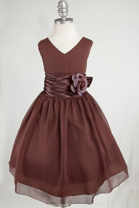 Chocolate brown flower girl dress Bailey Wedding Dress, Brown Wedding Theme, Wedding Flowers Hair, Fall Flower Girl Dresses, Fall Flower Girl, Chiffon Flower Girl Dress, Satin Flower Girl Dress, Chocolate Wedding, Girls Special Occasion Dresses