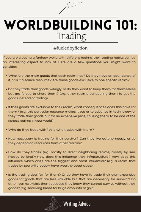 The World-Building 101 series continues. Today I have a few questions for you that you can consider when thinking about your fantasy realms and how they trade with each other. Check out my World-Building 101 board for more ideas on world-building your fantasy world. Novel Writing Outline, Writing Development, Writing Outline, Writing Inspiration Tips, Writing Fantasy, World Building, Writing Prompts For Writers, Creative Writing Tips, Writing Strategies