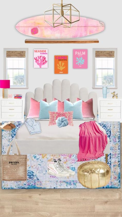 #preppybedroomides Preppy Room Collage, Preppy Room Beach, Preppy Bed Ideas, Coastal Pink Bedroom, Boho Preppy Bedroom, Preppy Beach Bedroom, Pink Beachy Room, Preppy Beach Room, Teen Beach Room