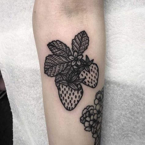 Strawberries by Deborah Pow tattooed on the left forearm Tattoos With Meaning For Men, Emma Tattoo, Strawberry Tattoos, Tattoos Masculinas, Strawberry Tattoo, Fruit Tattoo, Creative Tattoo, Wild Tattoo, Vine Tattoos