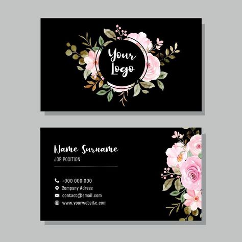 Black business card with flower design Flower Business Card Design, Florist Business Card Ideas, Unique Visiting Card Ideas, Florist Beginner, Business Card Ideas Creative, Flower Business Logo, Business Card Design Creative Ideas, Flower Shop Business Card, Visiting Cards Design