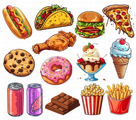 Junk Food Clipart Set, Fast Food Clipart Set, Burger PNG, Pizza PNG, Tacos png, Hotdog Sandwich png, Ice Cream png, Chocolate png, Donut PNG Pizza Stickers Printable, Cute Food Stickers Printable, Printable Food Stickers, Food Stickers Printable, Fast Food Drawing, Junk Food Stickers, Food Sticker Design, Junk Food Clipart, Fast Food Stickers