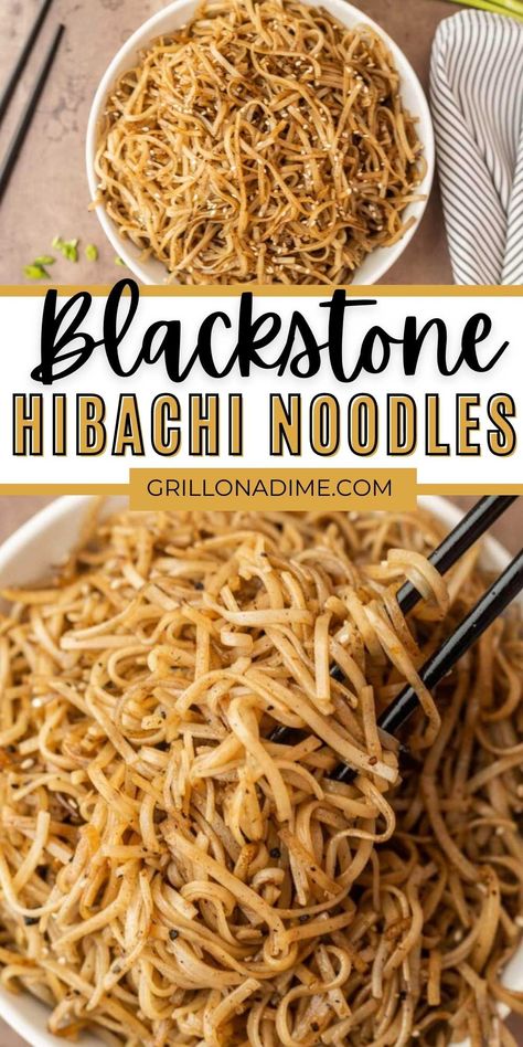 Blackstone Hibachi Noodles Recipe - grillonadime.com Hibachi Cabbage Recipe, Black Stone Chicken Lo Mein, Black Stone Grill Hibachi Recipes, Asian Food On Blackstone, Chicken Hibachi Noodles, Good Grilling Recipes, Blackstone Recipes Stirfry, Black Stone Ramen Noodles, Hibachi Style Noodles