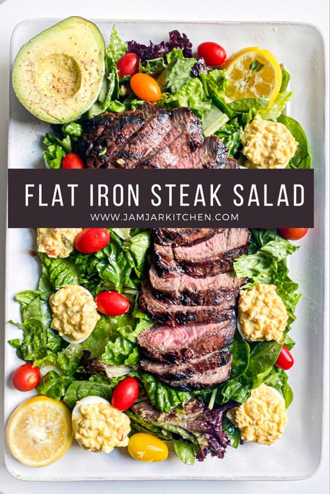 Serving platter with grilled flat iron steak over salad and deviled eggs Flat Iron Steak Salad, Horseradish Vinaigrette, Keto Apps, Cold Salads, Salad With Lemon, Flat Iron Steak, Jar Kitchen, Carb Dinner, Salad Ideas