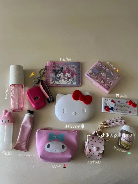 Things To Put In A Bag, Hello Kitty Essentials, Whats In My Bag Aesthetic Korean, Concert Bag Essentials, Pouch Essentials, Everyday Bag Essentials, Essential Pouch, School Bag Essentials, Backpack Essentials