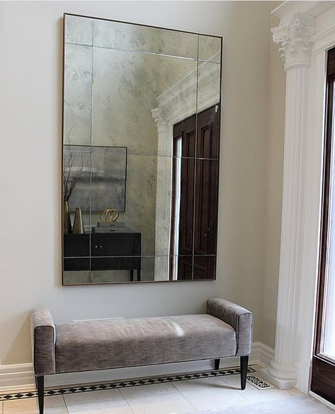 Bespoke mirror and bench in the front foyer from our Woodbridge project. Clean, simple and timeless design that’s never overly done.… Entryway Bench With Mirror, Bench With Mirror, Mirror Bench, Mirror And Bench, Foyer Mirror, Entrance Mirror, Front Foyer, Hallway Designs, Living Room Decor Inspiration