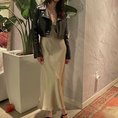 Prom Dress With Leather Jacket, Satin Dress With Stockings Outfit, Silk Dress And Leather Jacket, Midi Dress Leather Jacket Outfit, Satin Dress Outfit With Jacket, Satin Dress With Leather Jacket, Slip Dress Leather Jacket Outfit, Long Dress And Jacket Outfit, Slip Dress With Leather Jacket