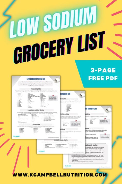 Low sodium grocery list 3-page free download Low Sodium Foods List Blood Pressure, Low Sodium Substitutes, Low Sodium Shopping List, No Sodium Snacks, Sodium Free Diet, Salt Free Diet Meals Low Sodium Recipes, Low Sodium Diet Food Lists, Low Sodium Foods List, Salt Free Diet Low Sodium Recipes