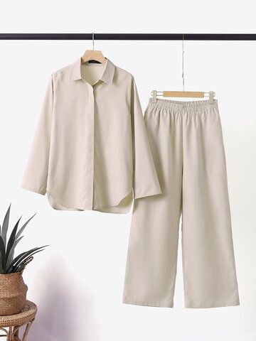 I found this amazing Solid Long Sleeve Lapel Wide Leg Two Pieces Suit with US$38.99,and 14 days return or refund guarantee protect to us. --Newchic Feminine Skirt, Casual Chique, Solid Color Pants, Casual Long Sleeve Shirts, Quick Outfits, Loose Outfit, Turndown Collar, Modest Fashion Outfits, Simple Trendy Outfits