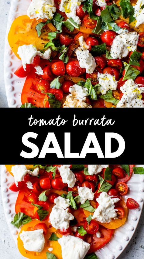 Tomato Burrata Salad is the ultimate summertime side dish! Made with two kinds of tomatoes, burrata cheese and fresh basil, it's incredibly light, fresh and flavorful. Tomato Burrata Salad, Tomatoes Burrata, Burrata Recipe, Fresh Tomato Pasta, Burrata Salad, Fresh Dishes, Burrata Cheese, Peach Salad, Pesto Chicken Pasta