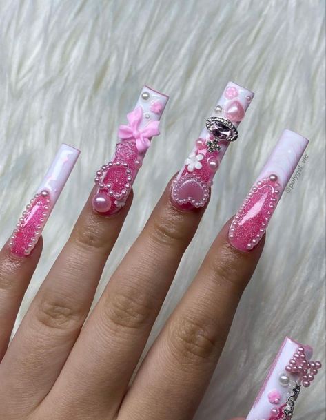 Pink Junk Nails, Nail Art Long Nails, Long Nails Summer, Nails Plain, Gyaru Nails, Nail Designs Bling, Bling Nail Art, Junk Nails, French Acrylic Nails