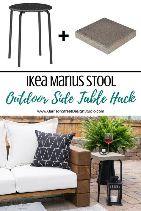 Ikea Marius Stool Outdoor Side Table Hack | ©️GarrisonStreetDesignStudio | Ikea Hack | Marius Stool | End Table | Side Table | Outdoor | Patio | Deck | Garden Stool | Easy | DIY | Cheap | Affordable | Table | Small Space | Black | Paver | Concrete | Cement | Decor | Patio | Plant Stand | Metal | Bathroom | Porch | Black | Entryway |Side Table Ideas | Home Decor | Modern | Extra Seating | Creative | Small | Ideas | Furniture Ikea Marius, Patio Plant Stand, Ikea Patio Furniture, Table Small Space, Ikea Patio, Cement Decor, Diy Patio Ideas, Ikea Outdoor, Small Outdoor Patios