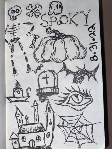 Easy Sketches Halloween, Cool Things To Draw Halloween, Random Sketch Ideas Halloween, Drawing Bedroom Ideas, Halloween Inspo Drawings, Doodle Drawings Halloween, Cute Things To Draw For Halloween, Halloween Sketches Pencil Easy, Things To Draw Halloween Easy