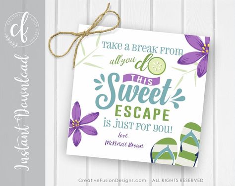 Spa Teacher Gift Tag Sweet Escape spa themed gift card | Etsy Spa Gift Tag, Teacher Appreciation Spa Gift, Teacher Appreciation Gifts Spa Theme, Spa Teacher Gift, Spa Tacular Teacher Free Printable, Teacher Appreciation Spa Day, Spa Theme Teacher Appreciation Week, Teacher Relaxation Gift, Massage Gift Card Ideas