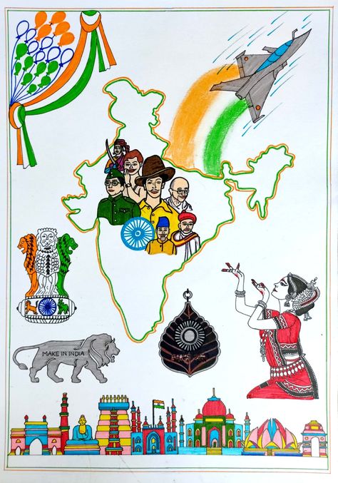 In this I have drawn India map, freedom fighters, Incredible India, our culture, Bharat Ratna award,MAKE IN INDIA logo, our national emblem and Rafale fighter jet.  I put the video of this drawing in my YouTube channel so click the below link to watch the video of this drawing https://youtu.be/g8gFFgJ9l3I Freedom Fighters Of India Drawing Easy, Poster On Freedom Fighters, Freedom Fighters Of India Poster, Mera Bharat Mahan Drawing, My Vision For India In 2047 Drawing, Incredible India Posters Art, Make In India Poster Drawing, Ek Bharat Shreshtha Bharat Posters, Freedom Fighters Painting