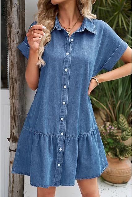 Dresses // Show off your gorgeous style wearing this short sleeves button down belted denim dress. Belted Denim Dress, Dresses Western, Western Dresses For Women, Western Casual, Dresses Flowy, Elegant Prom Dresses, Jean Dress, Painted Clothes, Belted Shorts