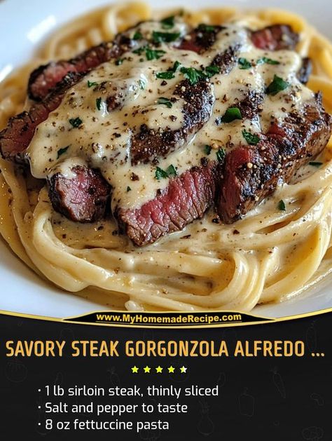 Olive Garden Steak Gorgonzola Recipe, Steak Gorgonzola Alfredo, Gorgonzola Alfredo, Steak Alfredo, Steak Gorgonzola, Gorgonzola Recipes, Gorgonzola Pasta, Steak Pasta, Creamy Parmesan Sauce