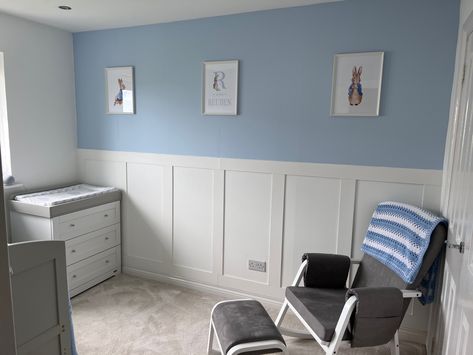 Blue Wall Panelling Nursery, Blue Panelling Nursery, Panelled Walls Nursery, Blue Accent Wall Nursery, Panelling Nursery, Nursery Panelling, Baby Boy Nursery Blue, Blue Panelling, Boy Nursery Blue