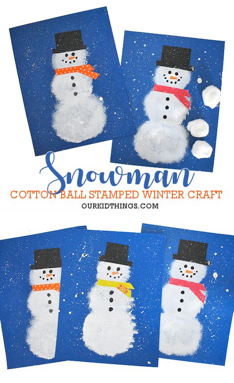 Cotton Ball Stamped Snowman Craft Cotton Ball Winter Crafts For Kids, Cotton Wool Snowman, Christmas Craft Cotton Balls, Snowman Art For Preschool, Snowman Cotton Ball Craft, Snowman Art Kindergarten, Cotton Ball Painting For Kids, Snowman Arts And Crafts For Kids, Cotton Ball Snowman Craft