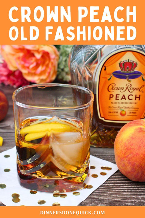 Take a sip of this delightful Crown Royal Peach Old Fashioned! Made with Crown Royal Peach whiskey, this twist on the classic Old Fashioned combines the smoothness of whiskey with the sweet and fruity notes of peach. Perfect for summer gatherings or a relaxing evening at home, this cocktail is easy to make and even easier to enjoy. Pin and follow Dinners Done Quick for more creative cocktail recipes! #CrownRoyalPeach #OldFashioned #CocktailRecipe #CrownRoyalDrinks #SummerCocktails Crown Royal Peach Old Fashion, Peach Crown Recipes, Peach Cobbler Old Fashioned Cocktail, Peach Old Fashioned Cocktail, Peach Crown Royal Drink Recipes, Crown Royal Peach Drinks Recipes, Crown Peach Drink Recipes, Apple Crown Royal Recipes, Peach Crown Royal Recipes