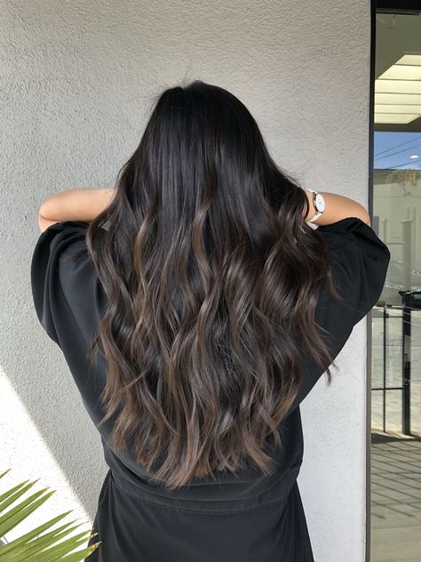 Dark With Balayage, Black Hair Natural Balayage, Natural Dark Hair Balayage, Bronde Balayage Black Hair, Long Black Hair Balayage, Natural Dark Hair Color Ideas, Natural Balayage Black Hair, Balayage Hair Black Hair, Dark Hair Dimension