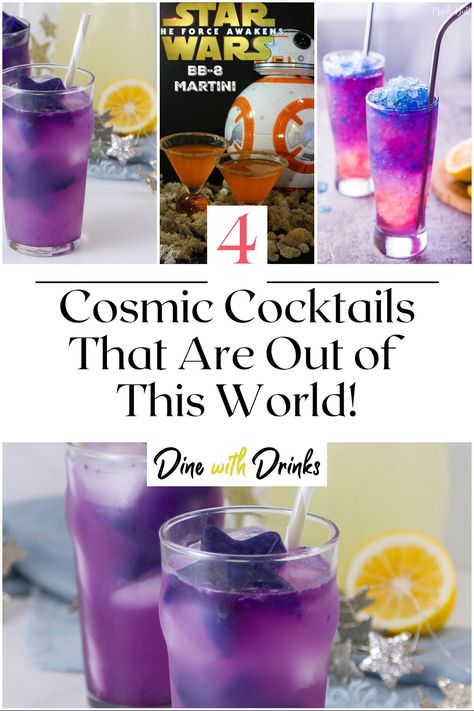 Collage of 4 cosmic cocktails. Celestial Wedding Cocktails, Galaxy Themed Cocktails, Space Themed Alcoholic Drinks, Disco Alcohol Drinks, Space Party Drinks, Alien Themed Cocktails, Cosmic Theme Party, Disco Drinks Party Ideas, Adult Space Theme Party