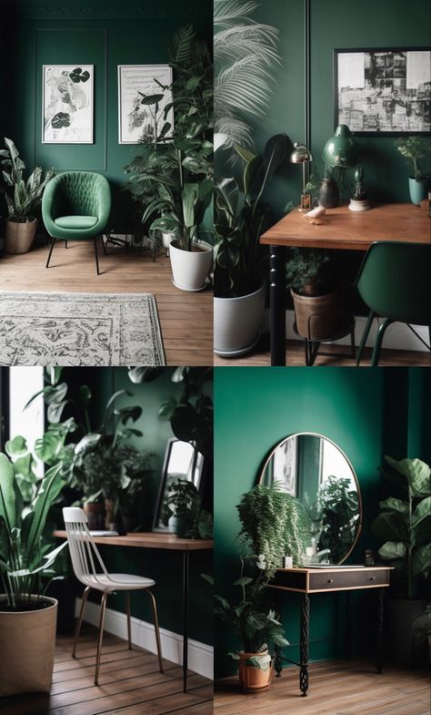 4 cute places to decorate with potted plants and a chair, in the style of studyplace, emerald and brown, mirror rooms, wood, y2k aesthetic, detailed Interior With Plants, Appartment Decor Ideas, Cute Places, Dark Green Boho, Cozy Condo, Industrial Bedroom Design, Baked Breakfast, Jungle Style, Dark Green Walls