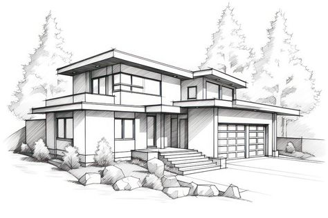 House sketch drawing house. | premium image by rawpixel.com / Chalr Modern House Drawing Sketches, Modern House Design Drawing, House Design Drawing Sketch, Technical Drawing Architecture, House Sketch Drawing, Architectural Boards, Dream House Sketch, Mansion Drawing, House Design Drawing