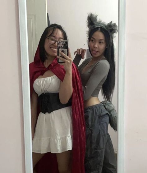 Pretty Duo Costumes, Big Bad Wold And Little Red Riding Hood Costume, Matching Halloween Costumes For Besties Aesthetic, Wolf Custome Halloween, Best Friend Halloween Costumes For 2 Aesthetic, Cute Wolf Halloween Costume, Red Riding Hood Duo Costume, Scary Friend Halloween Costumes, Dark Hair Duo Halloween Costumes