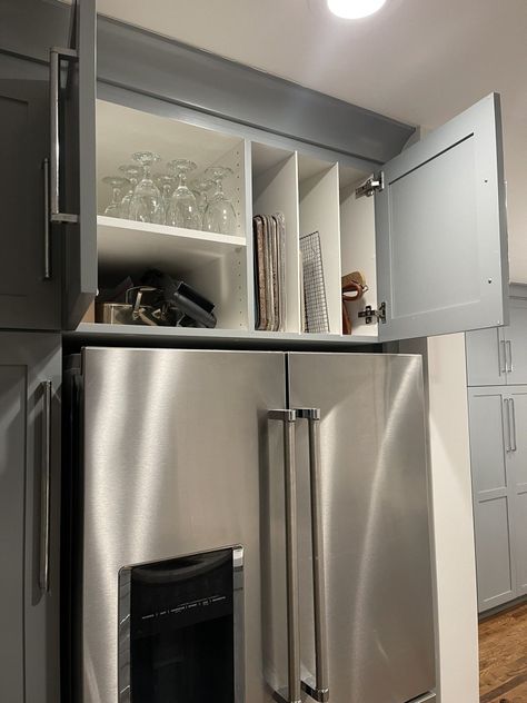 Storage Next To Refrigerator, Refrigerator End Cabinet, Drink Fridge In Kitchen Island, Fridge Area In Kitchen, Full Depth Refrigerator Cabinet, Shelves Over Fridge, Above Fridge Storage Diy, Fridge Next To Sink, Hidden Deep Freezer In Kitchen